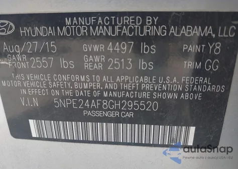 2016 Hyundai Sonata Se z USA, uszkodzony, nr VIN 5NPE24AF8GH295520